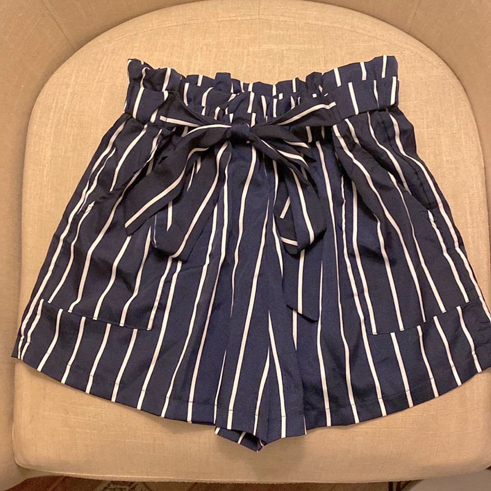 Paper Bag High-Waist Navy Striped Shorts